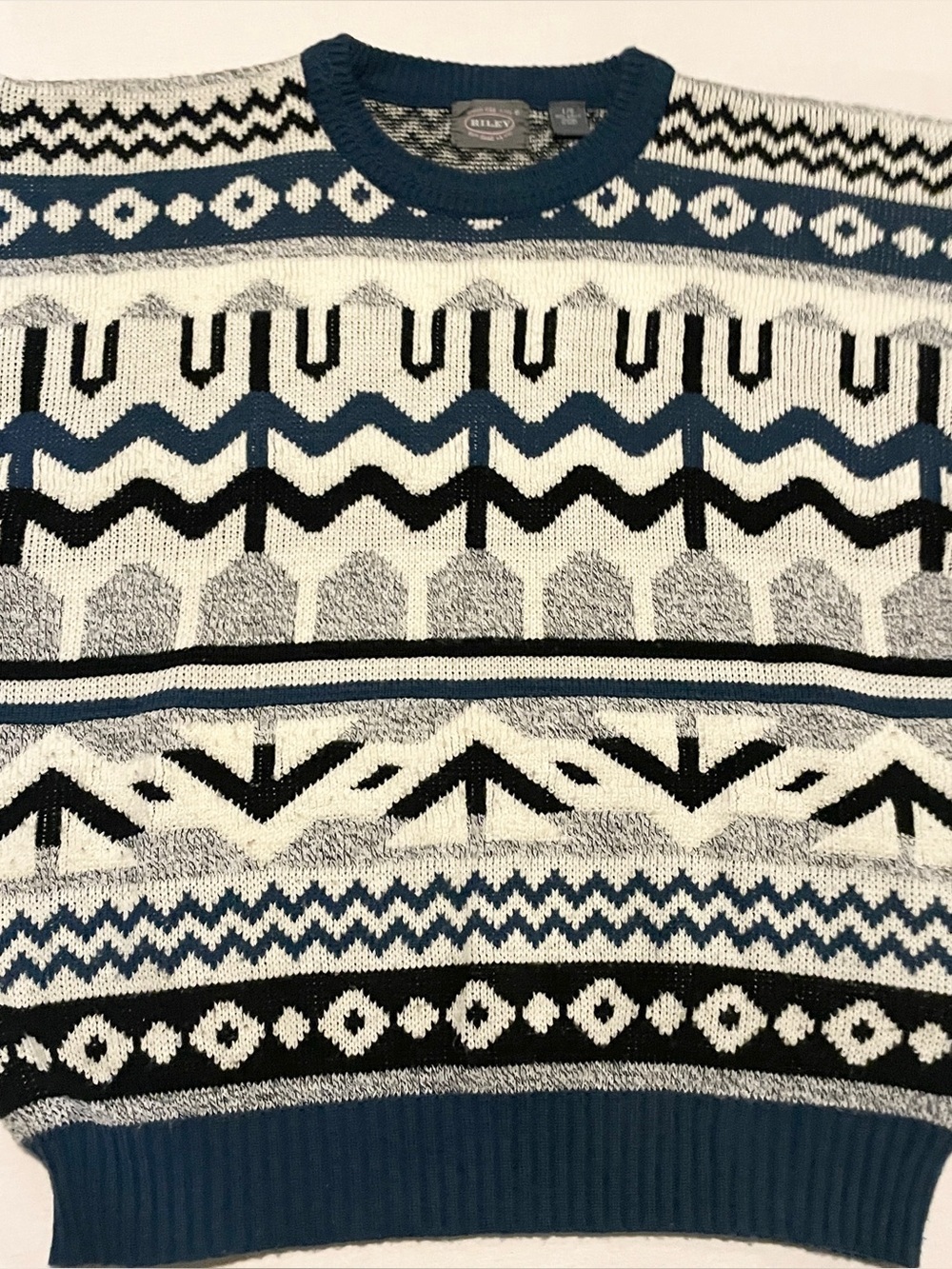 VTG 90s Riley Geometric Knit Grandpa Sweater Large - Picture 2 of 16